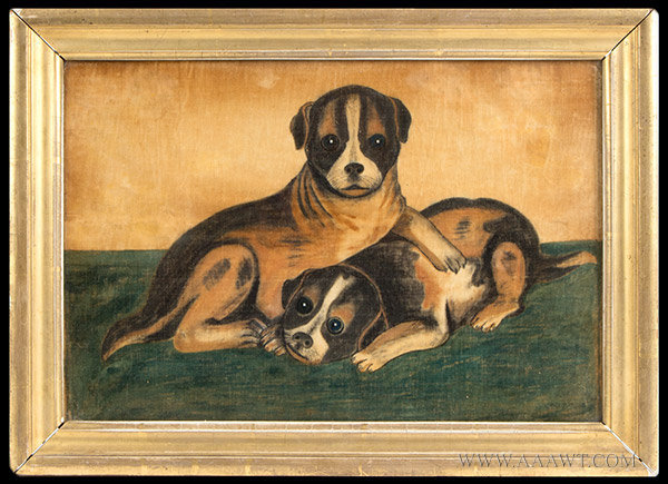 Painting, Watercolor on Velvet, Puppies, Folk Art, 19th Century, entire view